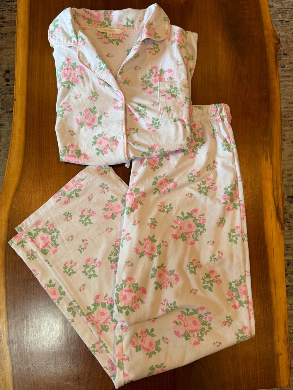 Shabby Chic Pink & Green Floral Cotton Pajama Set cottagecore  Size large
